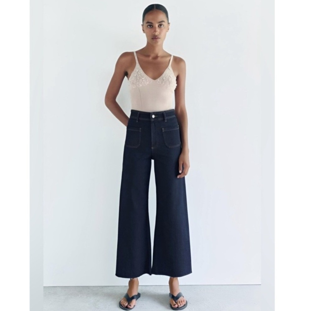Zara Women Blue High Rise Wide Leg Marine Straight Jeans Raw Hem Size 12 Indigo - Picture 10 of 10